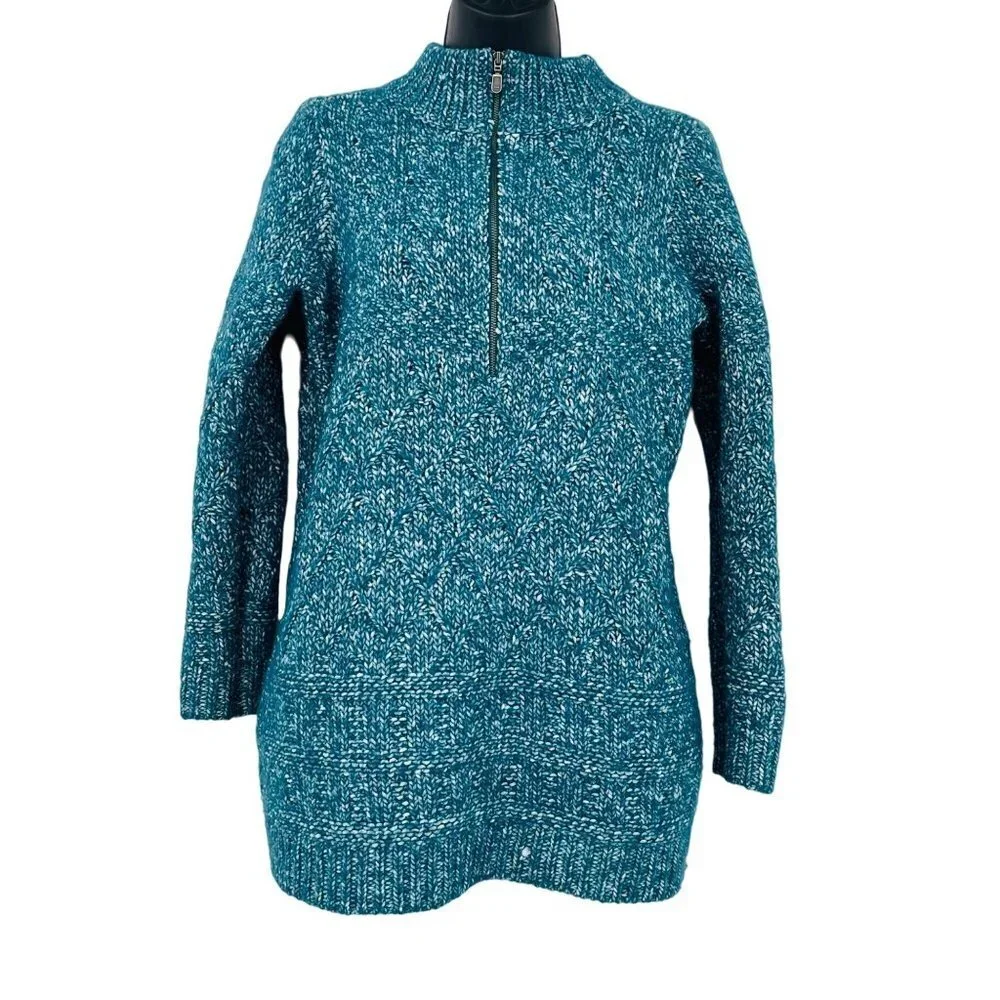 Soft Surroundings Women's Teal 1/4 Zip Aran Cable Knit Sweater Size M Wool Blend
